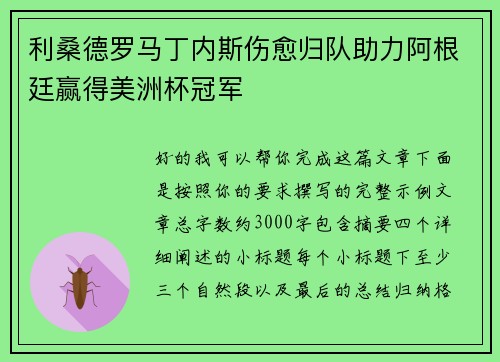 利桑德罗马丁内斯伤愈归队助力阿根廷赢得美洲杯冠军