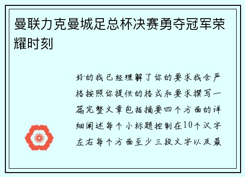 曼联力克曼城足总杯决赛勇夺冠军荣耀时刻